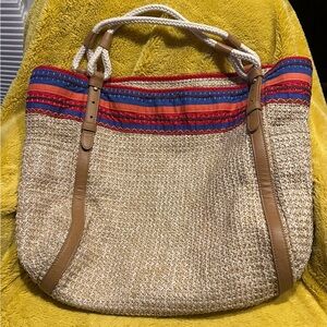Gap Straw Raffia Beach Tote Faux Leather Handles Striped Vacation Bag Resort
